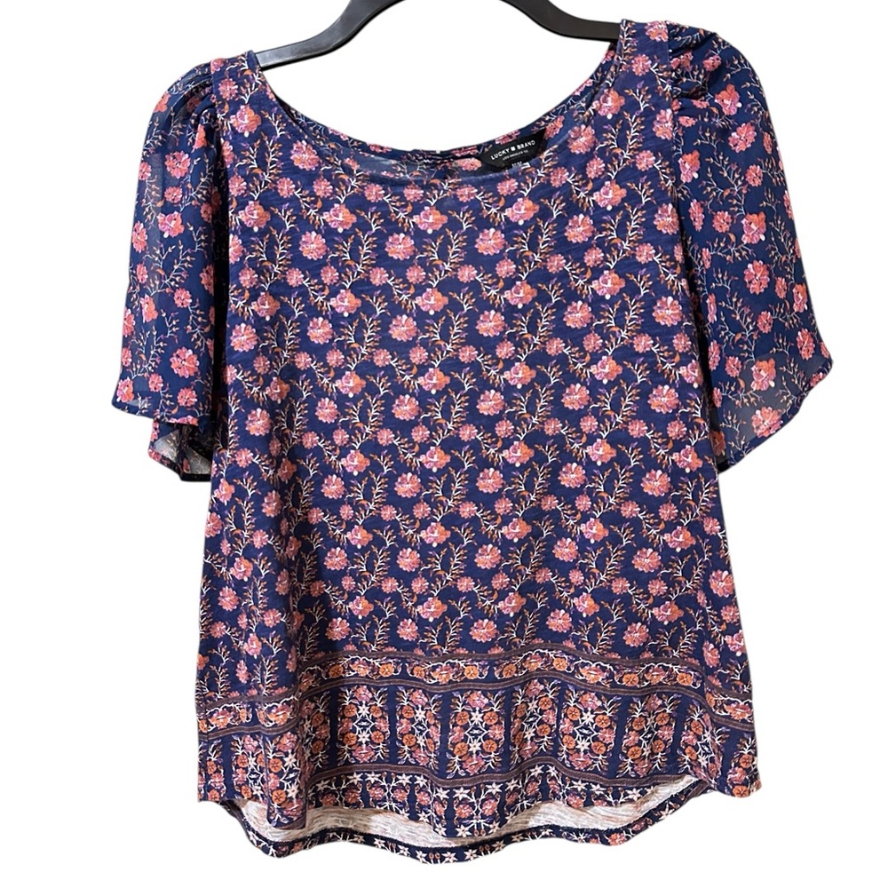 LUCKY BRAND blue & mauve floral print loose fit t-shirt back cutout size Medium